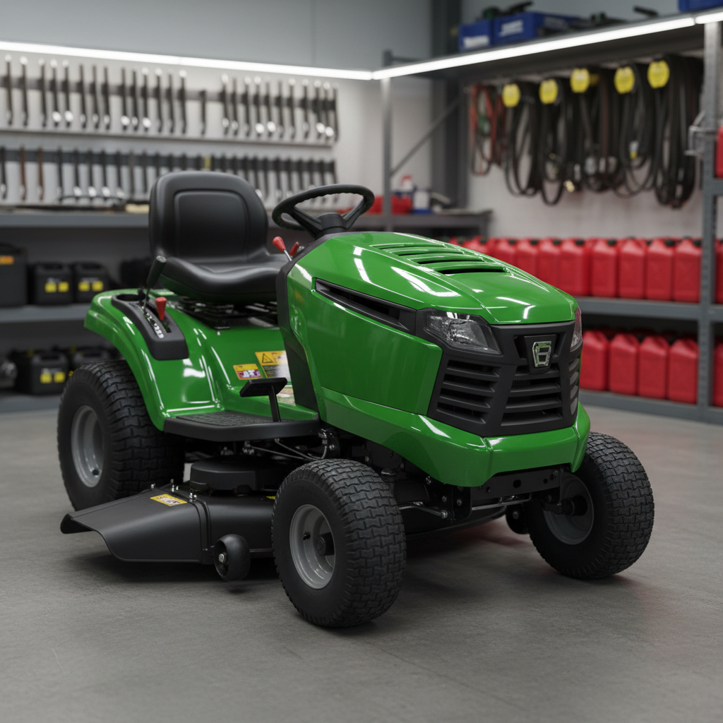 A close-up, photographic-realistic shot of a modern ride-on lawn mower on a workshop floor, its bright, glossy bodywork contrasting with the matte black of the cutting deck and wide tires. The mower is centered beneath overhead LED lighting that creates crisp reflections on painted surfaces and subtle highlights on the steering wheel and control levers. Behind it, blurred shelves with neatly stacked mower blades, belts, and fuel cans suggest an organized service area. Captured at slightly above eye level with shallow depth of field, the composition feels clean and professional, conveying precision maintenance and trustworthy service for garden machinery.