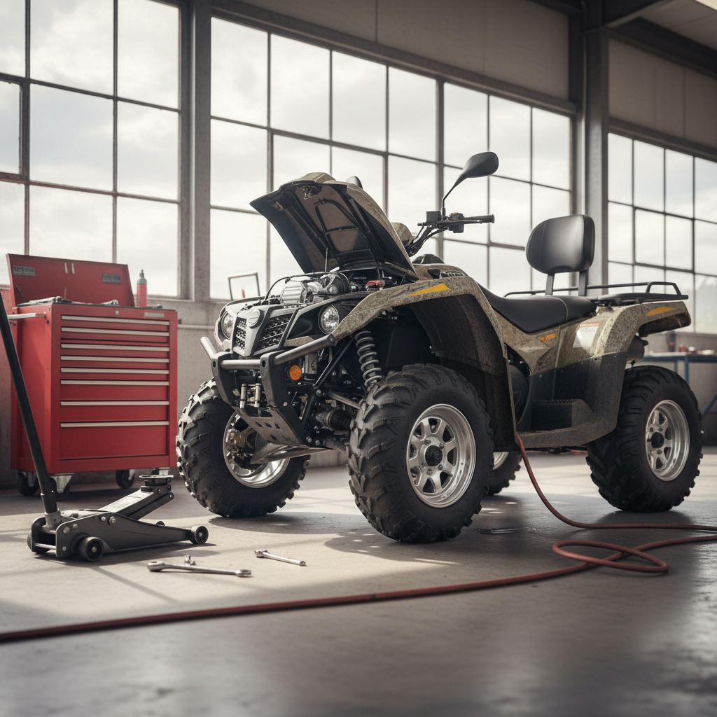 A rugged, mud-splattered ATV positioned diagonally in a bright workshop bay, its knobby tires and detailed suspension clearly visible, with the engine cover open revealing clean mechanical components. Around it, a red rolling tool cabinet, hydraulic jack, and neatly coiled air hoses hint at ongoing service work. Large industrial windows admit soft overcast daylight that highlights the ATV’s contours and metallic parts while casting mild shadows on the smooth concrete floor. Shot from a slightly low, three-quarter angle in photographic realism with moderate depth of field, the composition feels dynamic yet controlled, emphasizing the professional care and technical expertise of an ATV service and repair workshop.