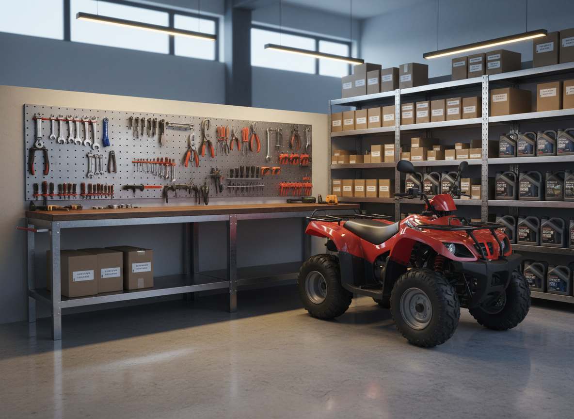 A clean, well-organized mechanic’s workshop interior focused on a sturdy steel workbench with a dark wooden top, neatly arranged hand tools on a perforated metal tool wall, and a compact ATV parked beside it. The concrete floor is spotless with subtle reflections, and shelves in the background display labeled boxes of spare parts and oil containers, softly blurred. Cool daylight enters from high workshop windows, mixed with warm overhead LED strips, creating balanced, professional lighting and gentle shadows. Photographic realism at eye level with a slight wide-angle view, sharp focus on the workbench and ATV, conveys a reliable, professional atmosphere suitable for a modern mechanical service business.