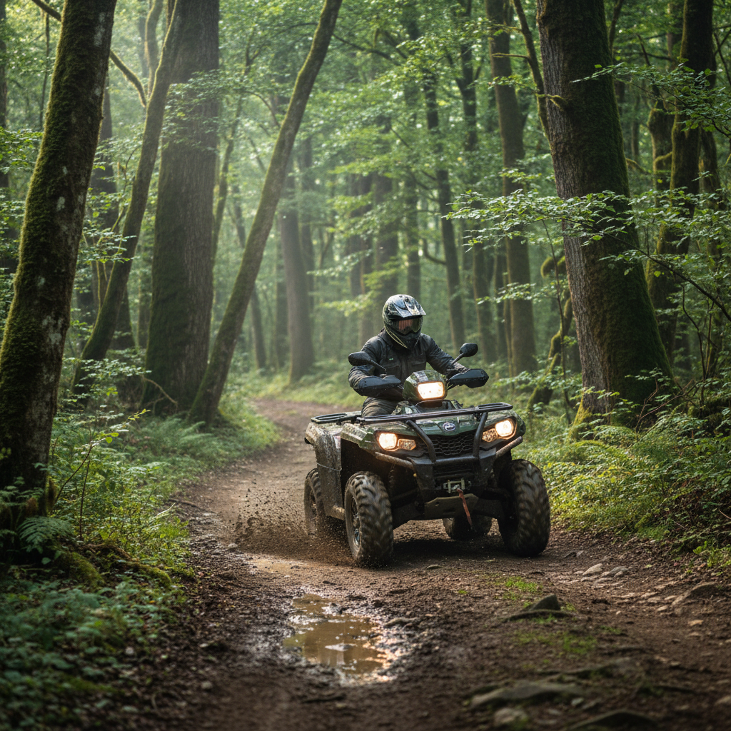 En naturlig, verklighetstrogen bild av en ATV som kör på en skogsväg, med träd och grönska runtomkring. Dagsljus, lite lera på däcken, känsla av äventyr och robust maskin.
